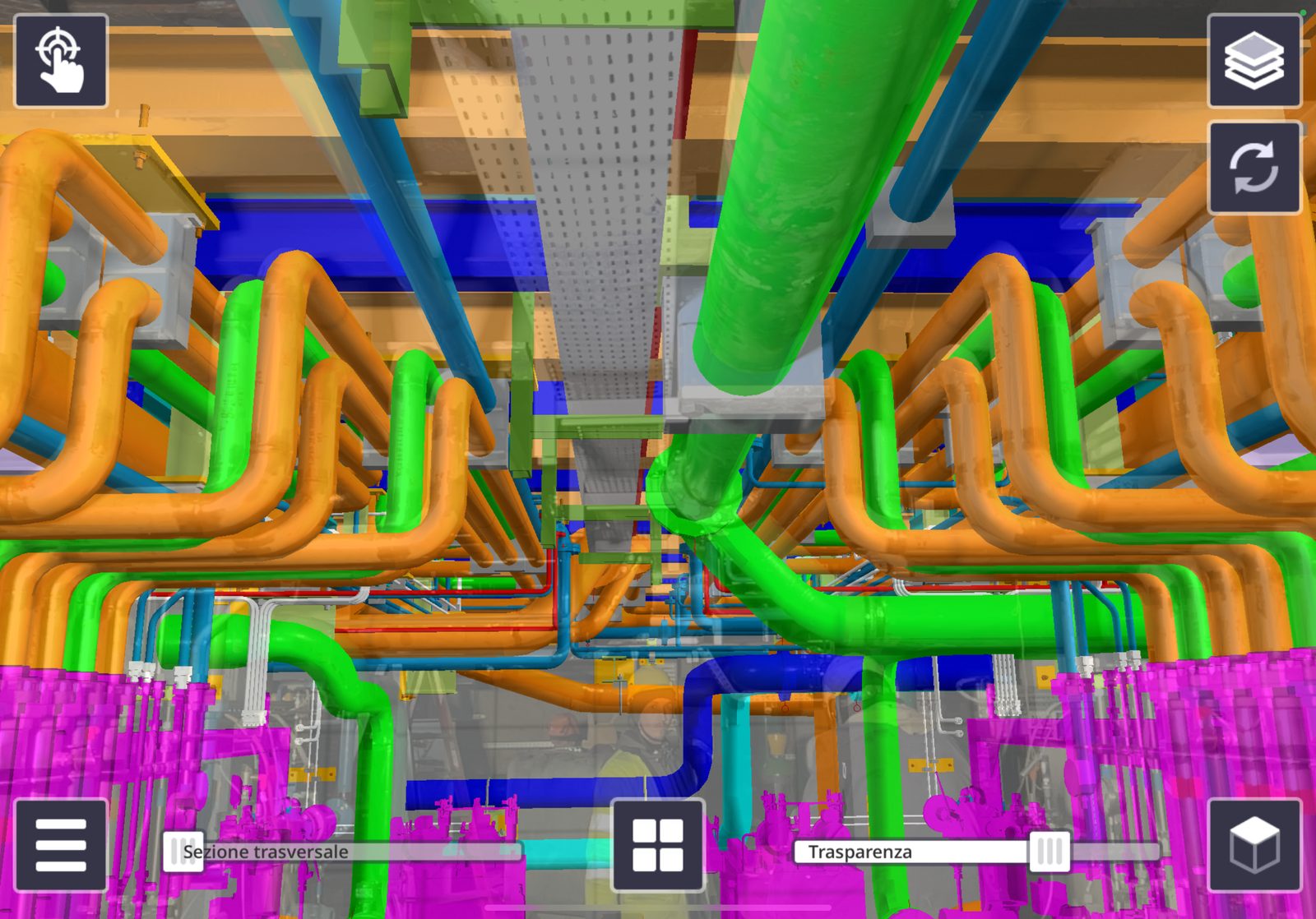 Documentazione tecnica on-site — piping e macchinari rilevati su impianto siderurgico — vista lato accesso