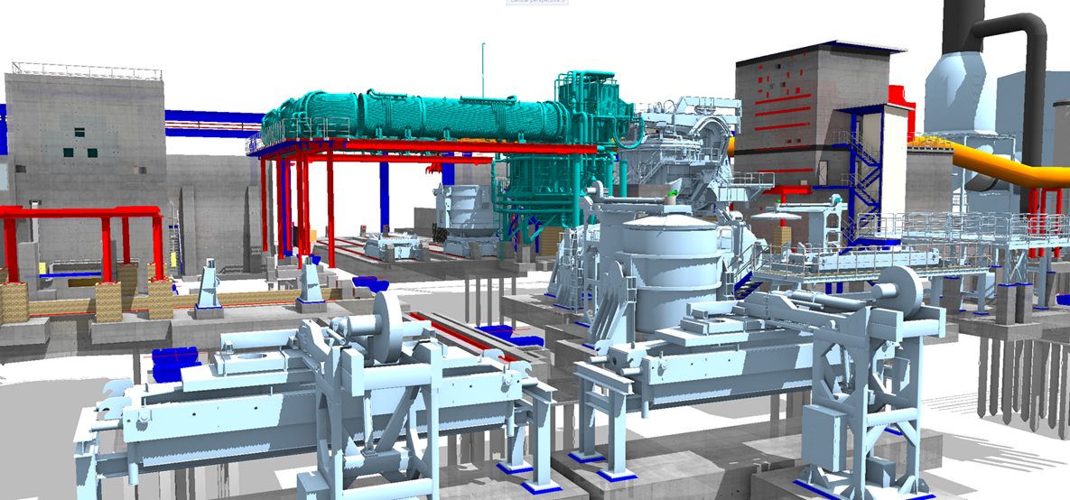 Layout coordination 3D di impianto siderurgico — modello BIM macchinari e civile, vista d'insieme