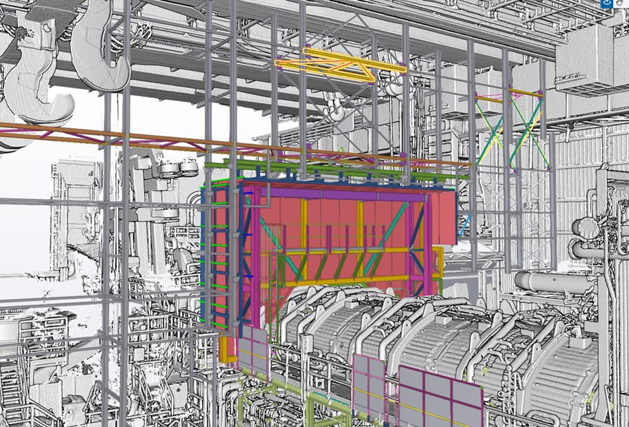 Reverse engineering acciaieria — nuvola di punti da rilievo laser scanner — vista frontale impianto